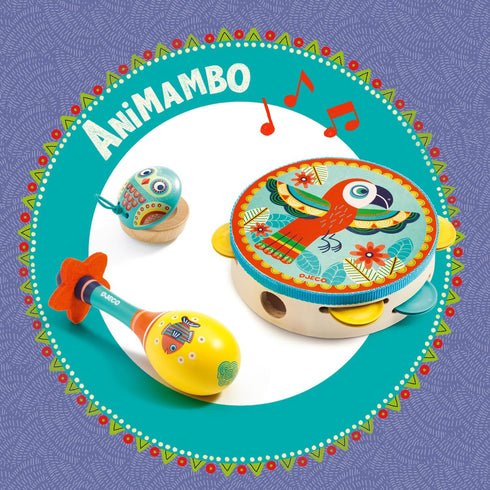 Set 3+ DJECO Animambo Tambourine, Maraca, Castanet Music Instrument - Cute Parrot, Fish & Owl Design Toddler
