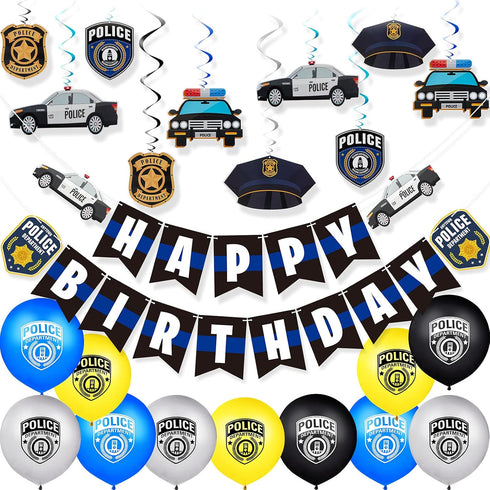 Sumind 32 Pieces Police Party Decorations Set - Police Academy Graduation Party Swirls with 20 Balloons, 2 Banners