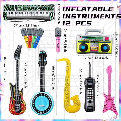 12 Pieces Inflatable Instruments Party Props Set, Rock Star Toy Blow Up Guitars, Saxophone, Bass, Microphones for 80s