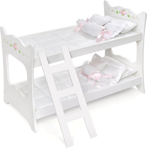 Badger Basket Toy Doll Bunk Bed with White Bedding & Ladder for 20 Inch Dolls - White Rose