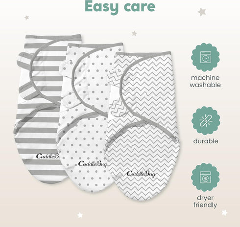 (3-Pack) 100% 0-3 CuddleBug Swaddles for Newborns - Cotton Velcro Baby Swaddles Months, Machine Washable Newborn Sleep