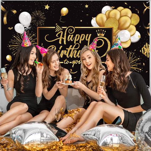 Blulu Happy Birthday Banner Sign, Large Fabric Glitter Poster for Birthday Decoration Supplies (Black and Gold)