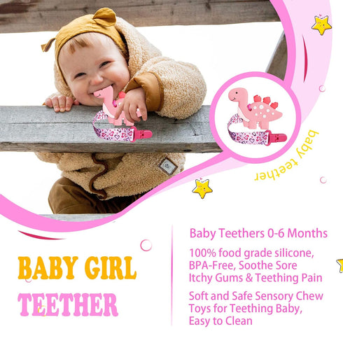 1 Soft Dinosaur Teether for Babies and 1 Baby Pacifier Clip, Silicone Chew Toys for Baby Girl Boy, Valentines Day Gifts