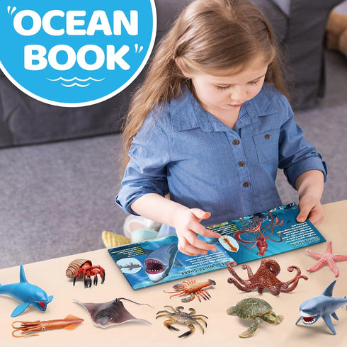 12 Pack Ocean Animal Toys with Educational Booklet for Kids, Realistic Soft Plastic Creatures Model Figures for Toddler