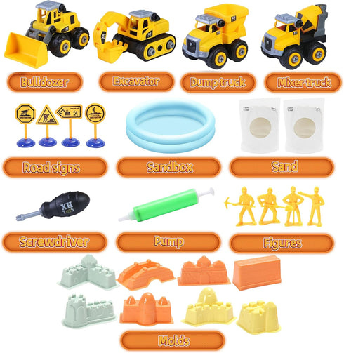 YIDESTARS Kit,2.2lbs W/4 Trucks,1 Sandbox,8 Signs,8 2-8 Play Construction Sand Magic Sand Large Take Apart Construction