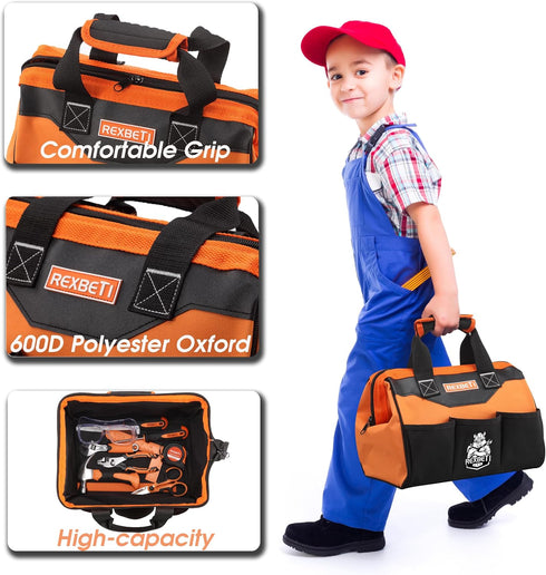 10-Piece Set 6+ REXBETI Kids Tool with Real Hand Tools, Orange Durable Storage Bag, Children Learning Tool Kit for Home