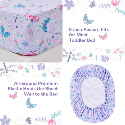 lasoftan Set 4 Sets, Set Set Butterfly Toddler Bedding for Girls, Piece Bed-in-a-Bag Toddler Comforter Super Soft