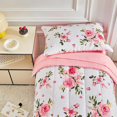 Set 4 Set Flower Toddler Bedding for Girls Pieces White Floral Toddler Bed with Pink Roses and Green Leaves - Includes