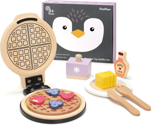 Playset, Playset, Sets 3+ PairPear Wooden Waffle Maker Toy Food Kids Pretend Play Food Kitchen Accessories, Wooden