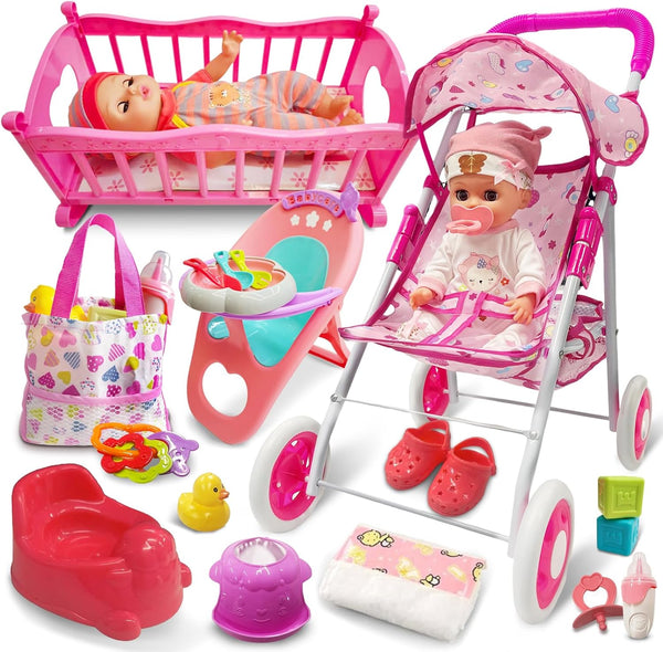 Baby Doll Toys Set with Stroller, Crib, Dining Chair, Realistic Doll Accessories