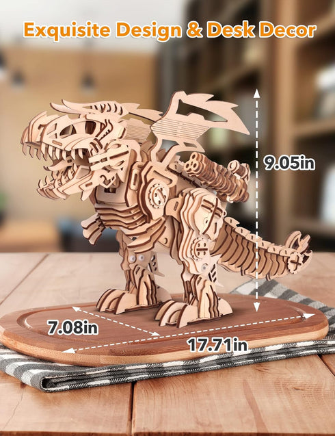 MIEBELY 3D Wooden Puzzles for Adults, T-Rex Dinosaur Model Kits that Walk and Roar, Mechanical Dinosaur Toys for Kids