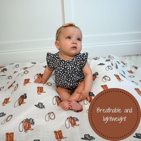 Swaddle Blanket, 100% Muslin Cotton, Gender Neutral Newborn Nursery Essentials, Cowboy Boot Print