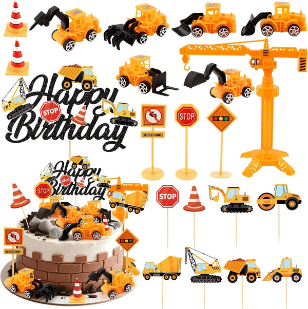 21PCS Construction Cake Toppers Truck Cake Decoration Set Excavator Tractor Tower Crane