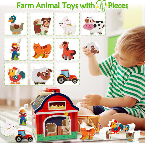 Farm Animals Wooden Take-Along Sorting Barn Toy for 1-3 Year Olds, Shape Sorter Montessori Learning Gift for Toddlers