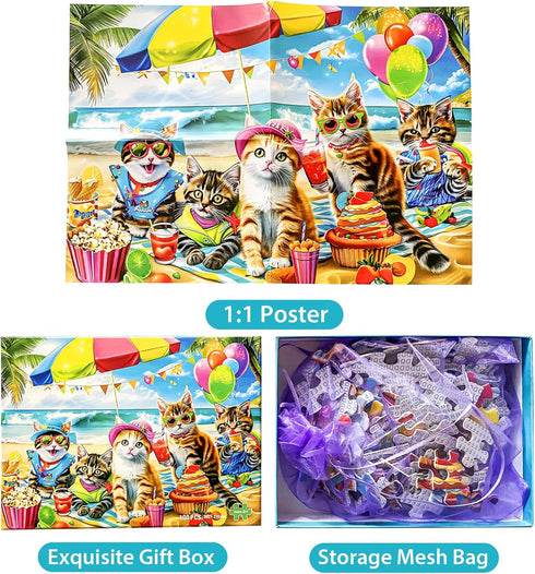 Jeacirio 4-8 6-8 8-10 100 Puzzles for Kids Ages Year Old and Seniors - Funny Cats Puzzle Beach Kitten Jigsaw Puzzles