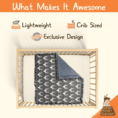 Dear Baby Gear Baby Blankets for Boys & Girls, Neutral Baby Blankets, Crib & Nursery Quilt, Antlers Grey with Ruffles