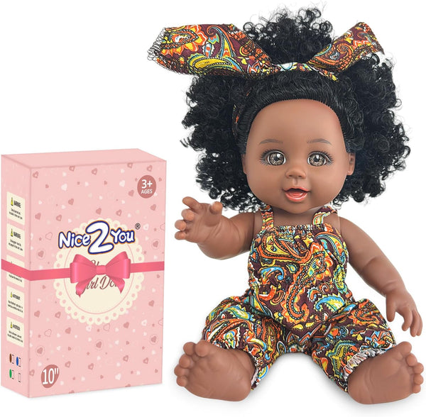 Nice2you Black Baby Doll, 10 inch Realistic Reborn Doll for Kids aged 2-6, Silicone Small Black Doll with Curly Hair