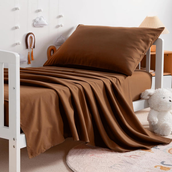 NTBAY Toddler Sheet Set, 3-Piece Microfiber Crib Sheet Set, Solid Brown Toddler Bedding with Flat and Fitted Sheets