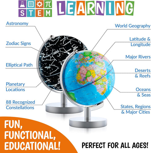 USA Toyz Illuminated Globe for Kids Learning, 3-in-1 STEM Kids Globe with Stand, LED Light, 9.75” Tall
