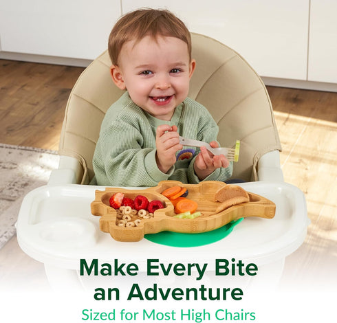 Bamboo Divided Suction Plates for Baby: Strong Non-toxic Eco-Friendly Materials - Dinosaur Design for Toddlers