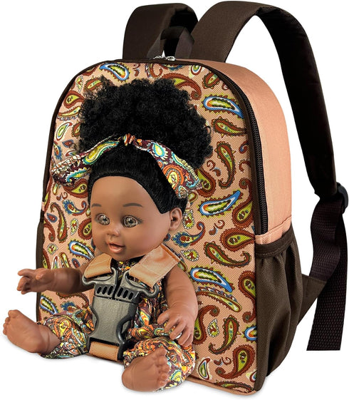 Nice2you Black Baby Doll in Take Along Backpack Carrier, 10in American African Girl Doll for Toddlers 1-5 Years