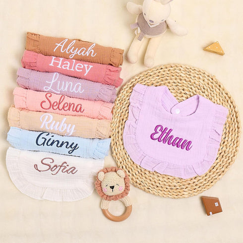 Van Fan & Shi Monogrammed Personalized Embroidered Baby Bib pure Cotton Muslin with Name, Customed Baby Girl Soft Bib