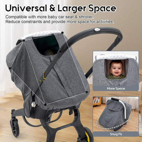 2 Baby Car Seat Cover for Doona, Waterproof Carseat Cover with Plush Dots Lining, Warm & Snug Infant Car Seat Canopy