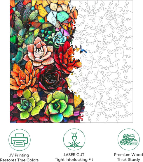 500 16.5'' 16.5'' Mocfesk Wooden Puzzles for Adults, Stained Glass Succulent Puzzles Pieces, Unique Shaped Jigsaw