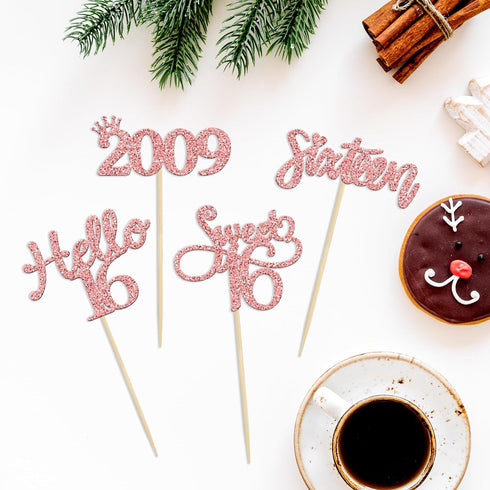 Gyufise 24 Pack Rose Gold Glitter 16th Birthday Cupcake Toppers, Hello Sweet 16 Sixteen Since 2009 Cake Decorations