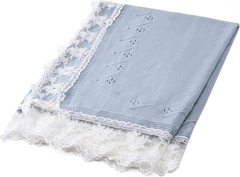 Booulfi Baby Blankets Neutral Knitted Blue Cotton Blue Baby Blanket Stroller Lace Border Crochet Winter Crib Baby