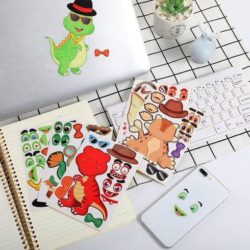 36 Sheets Make a Dinosaur Stickers for Kids, Cute DIY Project Theme Birthday Party Favor Supplies