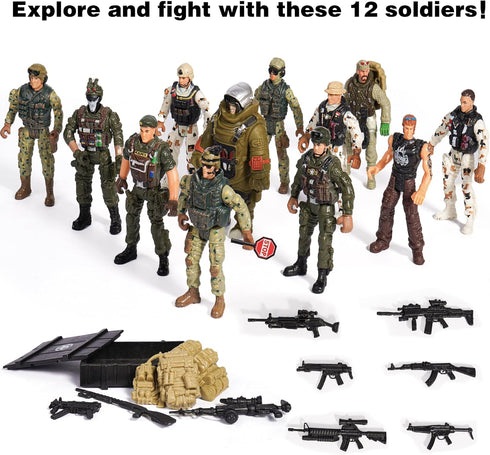 Army Toys Playset with 12 Realistic Army Men Action Figures and Weapon Gear Accessories, Military Toy Soldiers for Boys Girls Gift