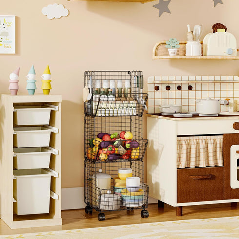3 Tier Rolling Toy Organizer Basket with Wheels, S-Hooks, Adjustable Chalkboards - Toy Storage Cart for Kids Room