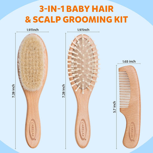Set, (3 Set) Baby Hair Brush & Comb Organic Wooden Hairbrush Natural Goat Bristles for Newborns & Toddlers, Ideal