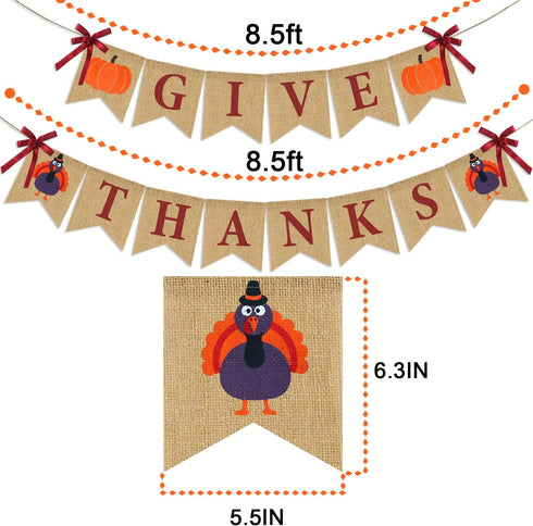 Give Thanks Burlap Banner - Rustic Thanksgiving Decorations - Turkey Pumpkin Bunting for Party Supplies