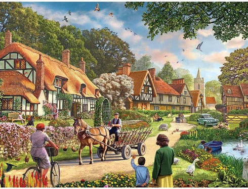 Bits and Pieces 4-in-1 Multi-Pack, 1000 Piece Jigsaw Puzzles for Adults, Village Life by Artist Steve Crisp