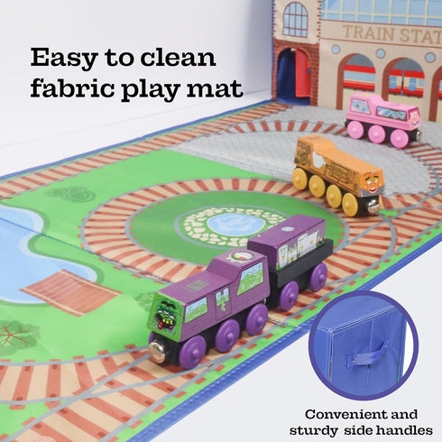 Train Storage Bin and Play Mat - Wooden Railway Take-Along Storage Box with Train Tracks Design - Two in One