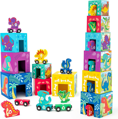 Toyssa Wooden Dinosaur Sorting and Stacking Toys for Toddler 1-3, Number Blocks