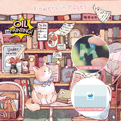 1000 MOMIBOOK Puzzles for Adults Pieces Jigsaw Puzzles of Flowers in Pages, Painting Image Bookstore Bookshop Difficult