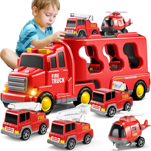TEMI Fire Toys for 3-6 Years Old - 5 in 1 Carrier Truck Transport for Toddlers 1-3, Friction Power Vehicles