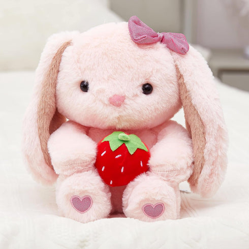 10" Plush Bunny Rabbit Stuffed Animal, Pink Easter Floppy Ear Bunny with Strawberry Gifts for Kids