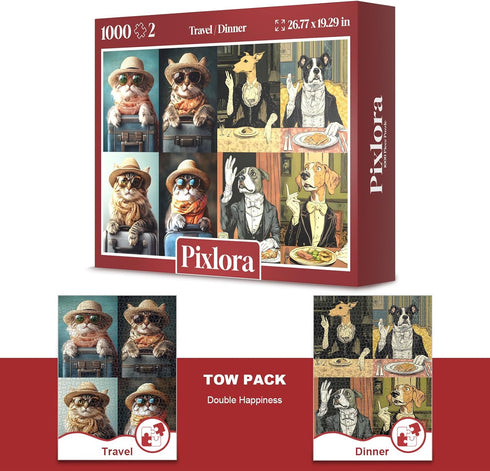 1000 -2-Pack 1000 Jigsaw Puzzles Pieces for Adults, Travel Cat & Dog Dinner Adventure & Elegance Theme, Piece Puzzle