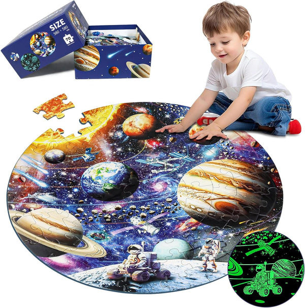 Glow in The Dark Solar System Jigsaw Puzzles, 70 Pieces for Kids Ages 4-8, Educational Floor Puzzle Toys