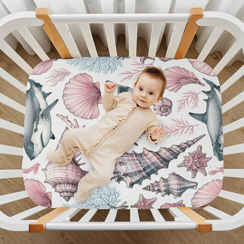 Burbuja 27 39 Fitted Crib Sheet for Girls and Boys, Pink Pastel Shells Sharks Soft Breathable Crib Sheet for Standard