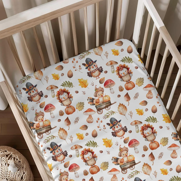 KuphiL10C Cartoon Thanksgiving Pumpkin Turkey Mushroom Leaves Pattern Baby Sheets for Crib, Unisex
