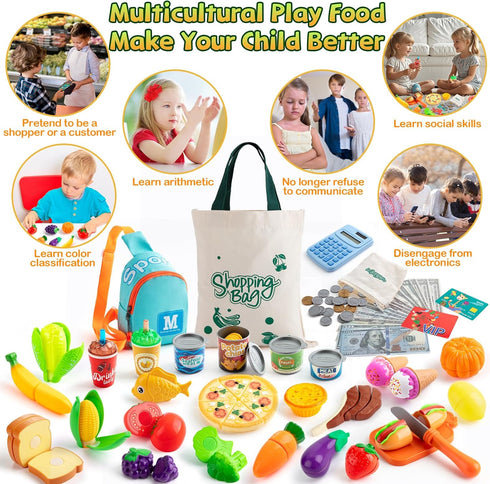 Sets Playset 3+ Pretend Play Food for Toddlers, Kids Grocery Store with Shopping Bags,Calculator, Cutting Play Food