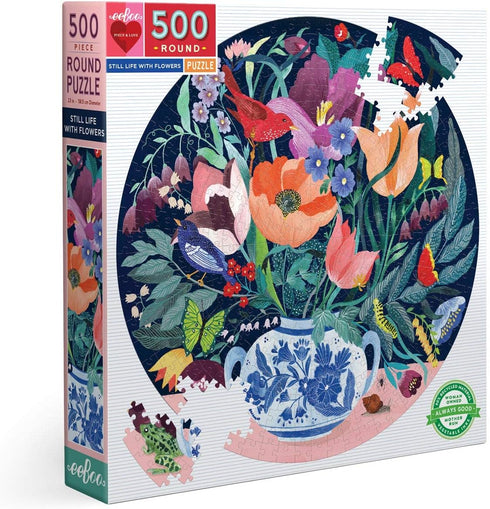 eeBoo Piece and Love Still Life with Flowers 500 Piece Round Circle Jigsaw Puzzle for Adults and Families