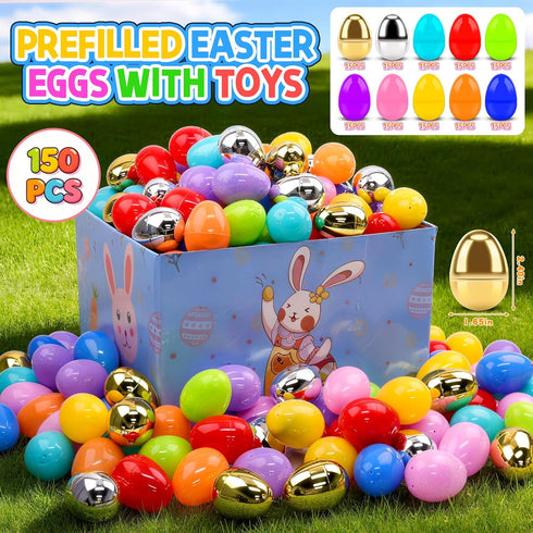 150 PCS Prefilled Easter Eggs with Toys,Filled Easter Eggs with Toys Inside,Easter Basket Stuffers for Kids,Prefilled