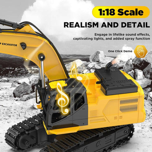1:18 11-Channel 100-Min 2026 6-12 Metal RC Excavator Toy for Kids | Remote Control Construction Vehicle with Water