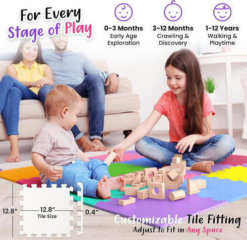 16 12" 12" Tummy Tiles with Borders | x Baby Play Mat Foam Puzzle Floor Tiles | Non-Toxic Soft Waterproof Interlocking